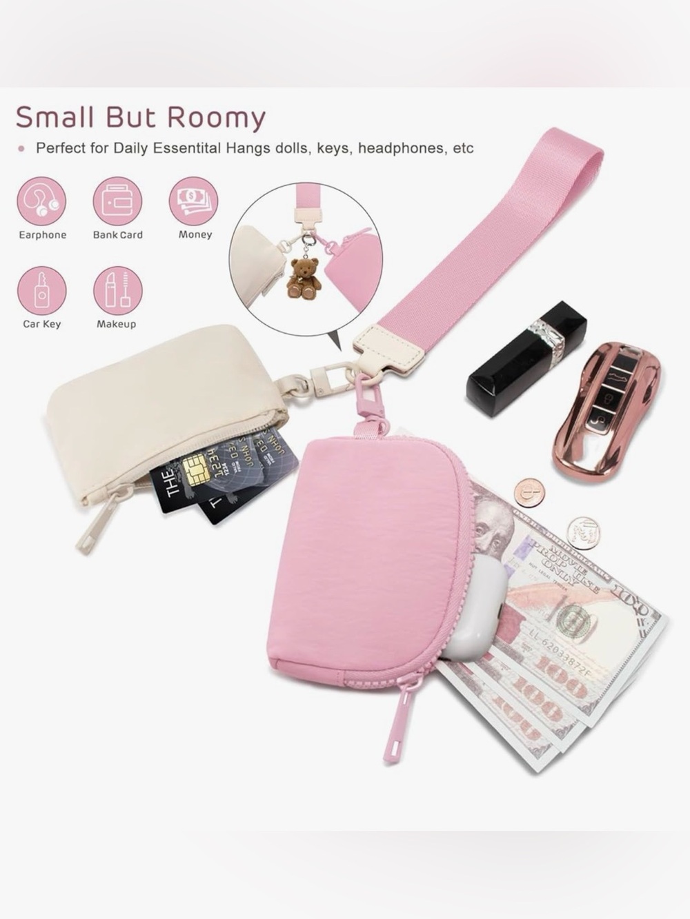 Pink & Cream Mini Zip Pouch Set with Wrist Strap
